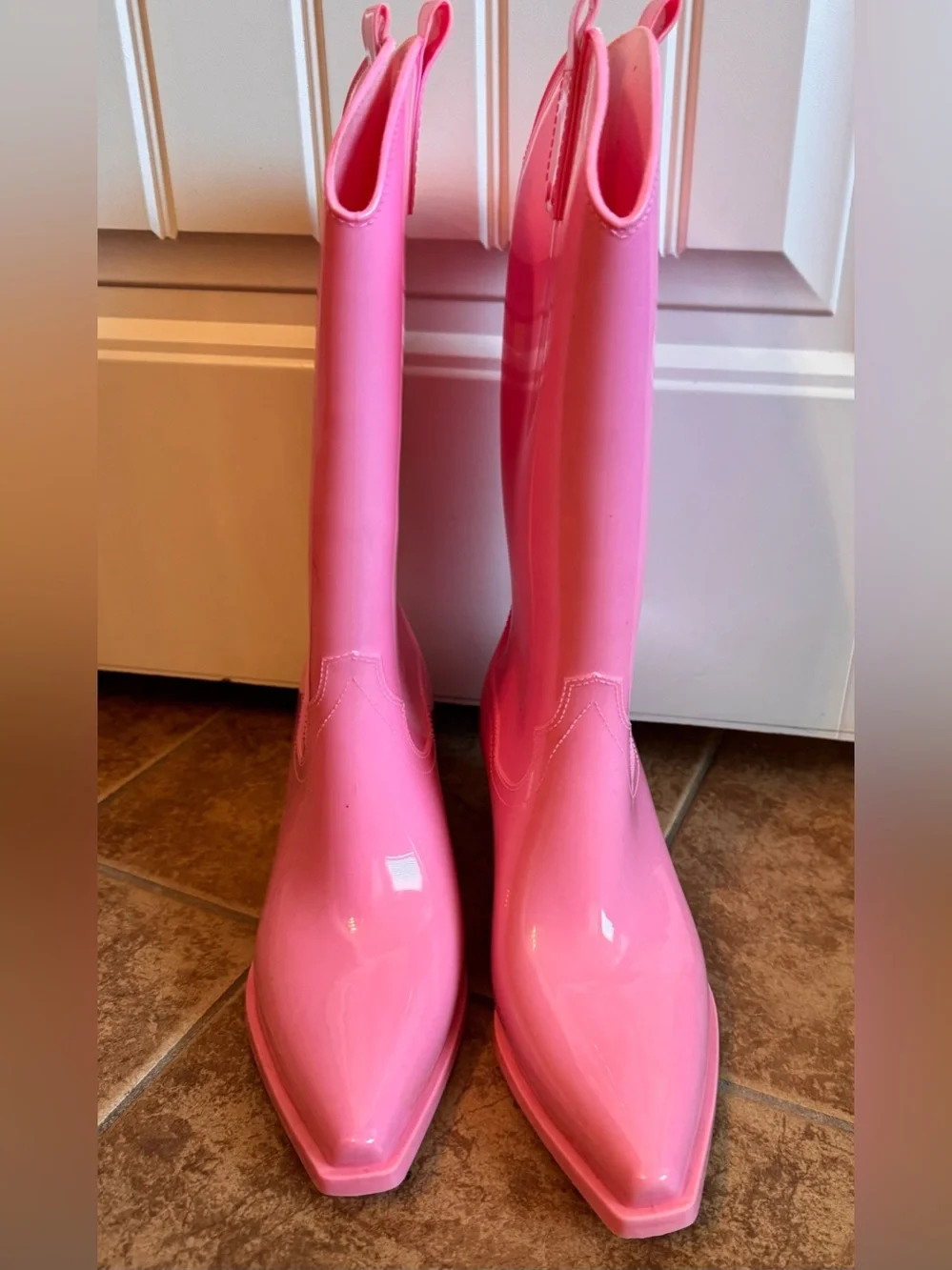 Women's Pink Glossy Mid-Calf Heel rain Boots 9